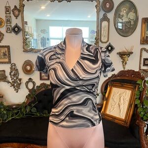 Vintage Cheryl Creations Marble Swirl Wrap Top – Black & Gray Coquette Y2K Tee